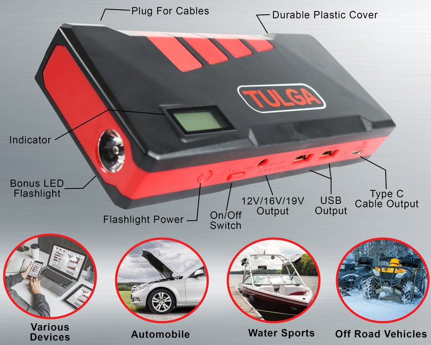 Jump Starter [New Model] Battery Charger Car Truck Semi Trailer Jumper Cables Portable 20000 Mah 900 Amp Peak For RV Campers Ford GMC Chevrolet All Gas, up to 7.0L Diesel Engines Laptops Electronics